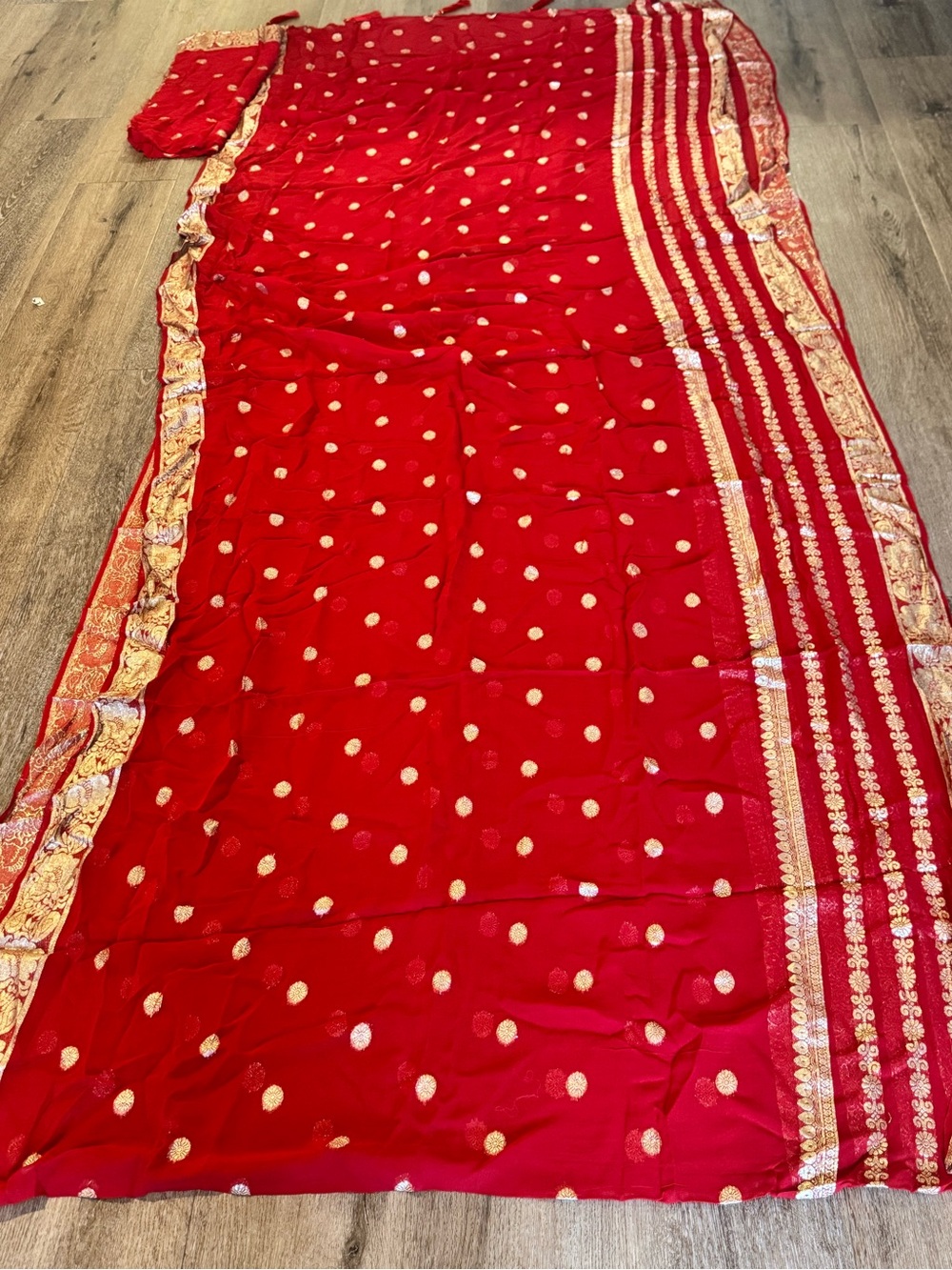 Traditional Red Saree Throw with Gold Polka Motif